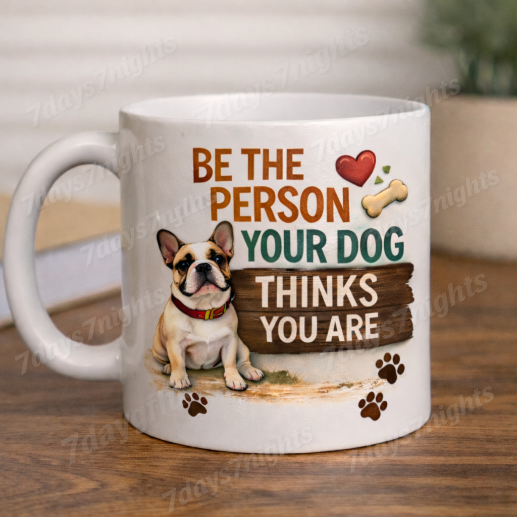 Angled view of dog lover coffee mug with inspirational quote and paw print design.