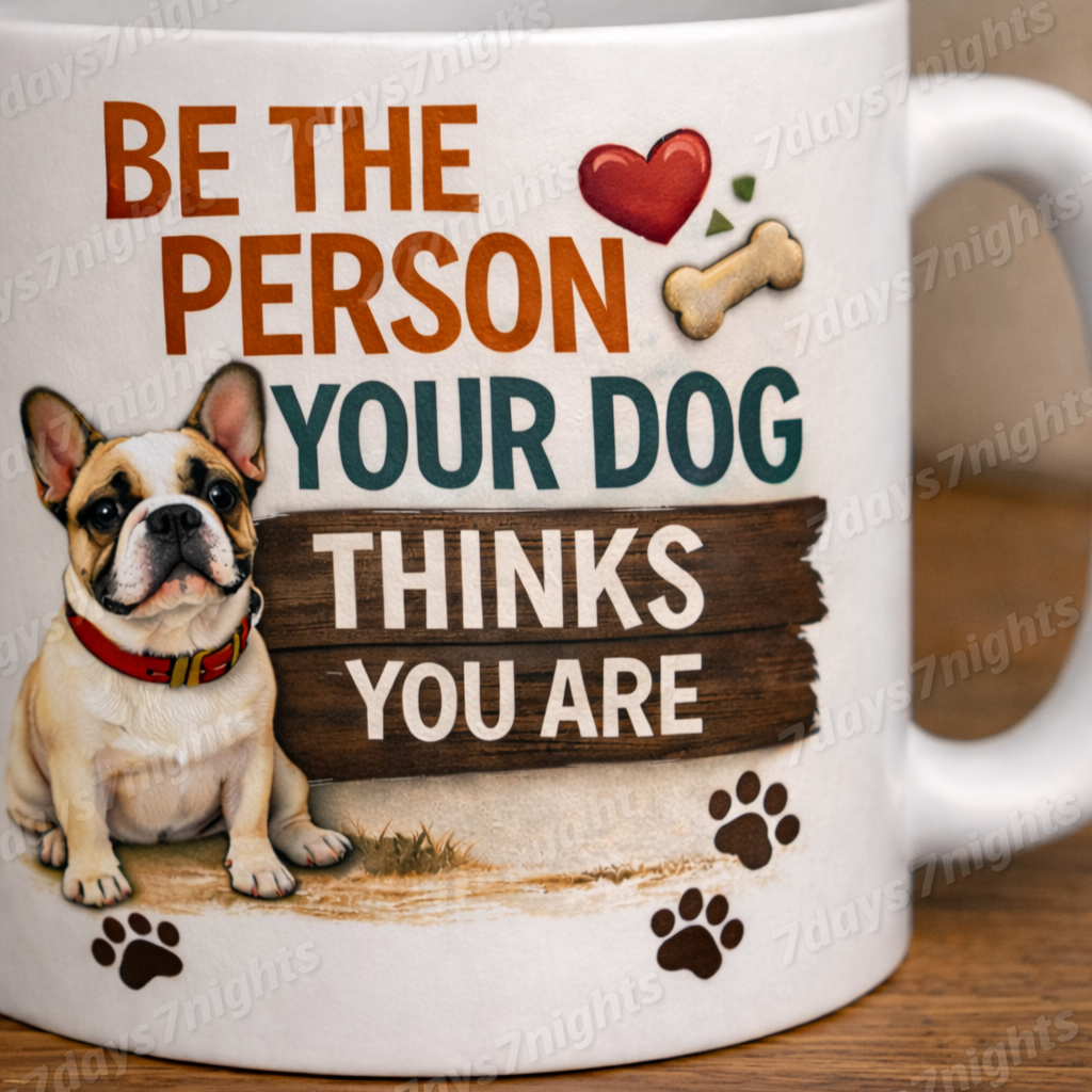 Close-up of dog quote mug showing detailed French bulldog artwork.