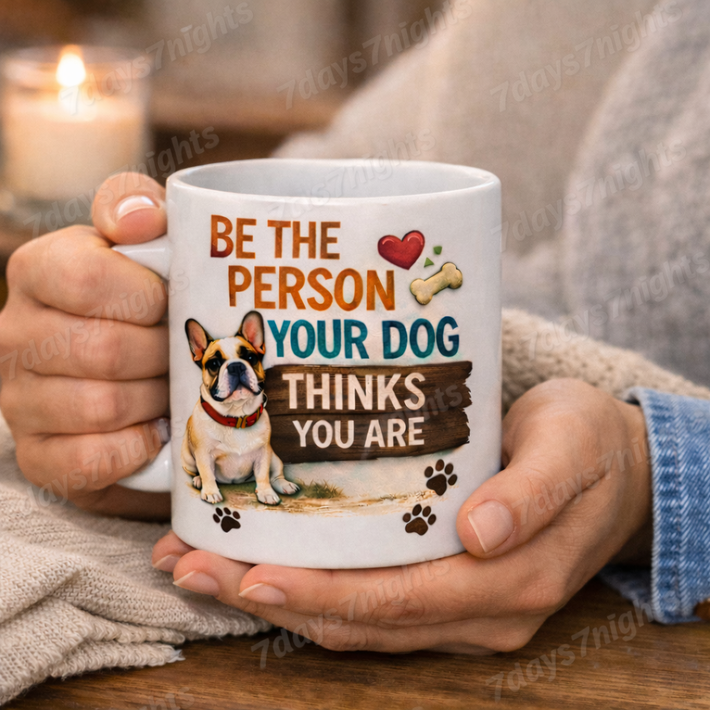 Person holding funny dog quote mug while relaxing indoors.