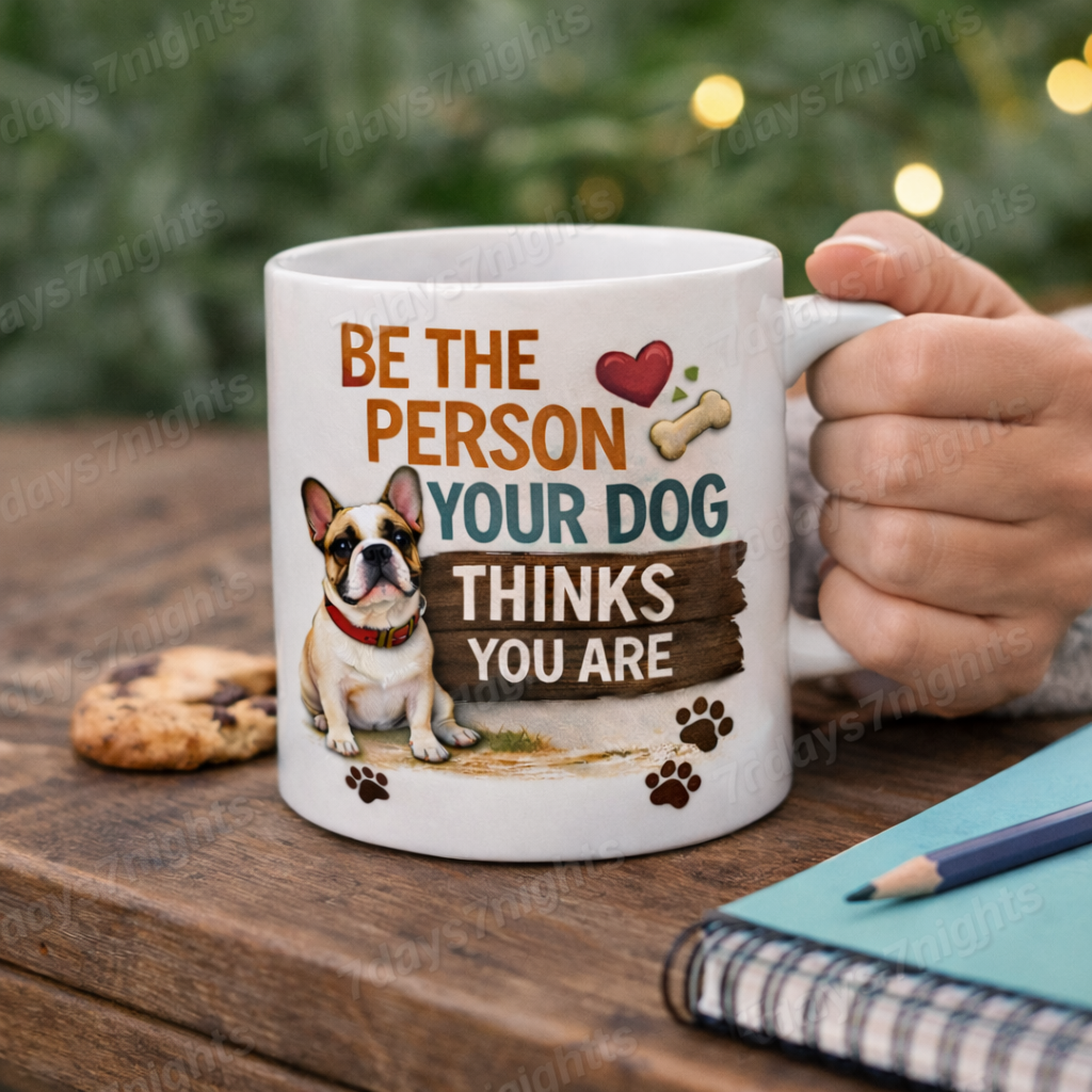 Dog lover coffee mug on desk with notebook and cookie in cozy setting.