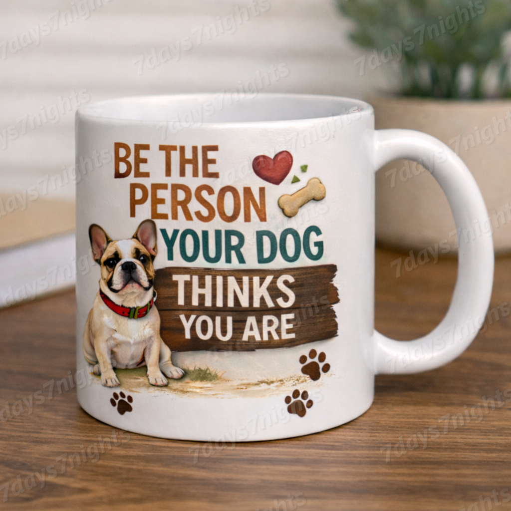 White ceramic mug with Be The Person Your Dog Thinks You Are quote and French bulldog illustration.