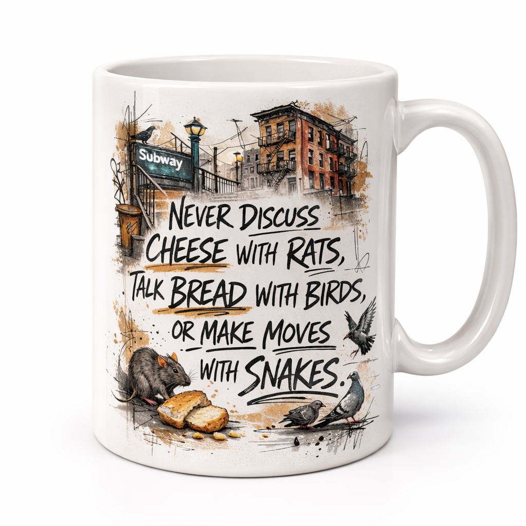 White ceramic mug funny sarcastic quote rats birds snakes illustration mug