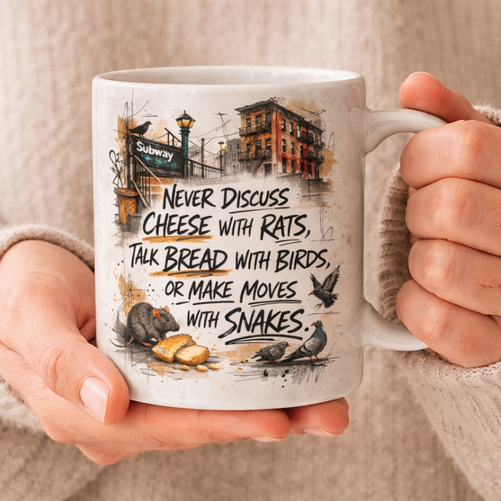 Hands holding humorous quote coffee mug rat bird snake illustration
