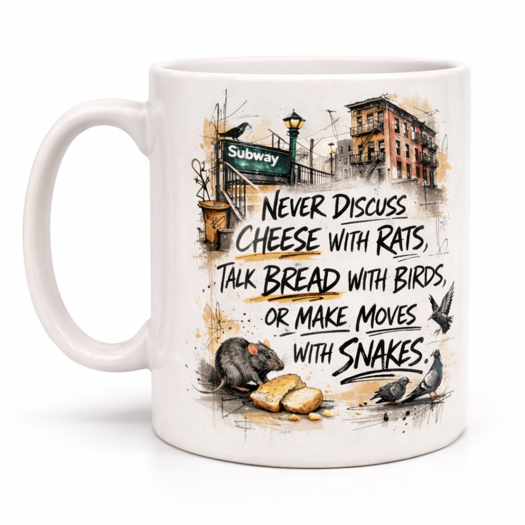 Funny quote coffee mug rats birds snakes illustration handle left view