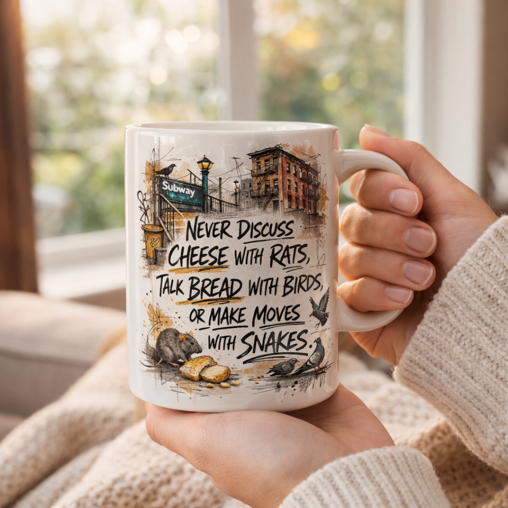 Person holding funny quote coffee mug Never Discuss Cheese With Rats