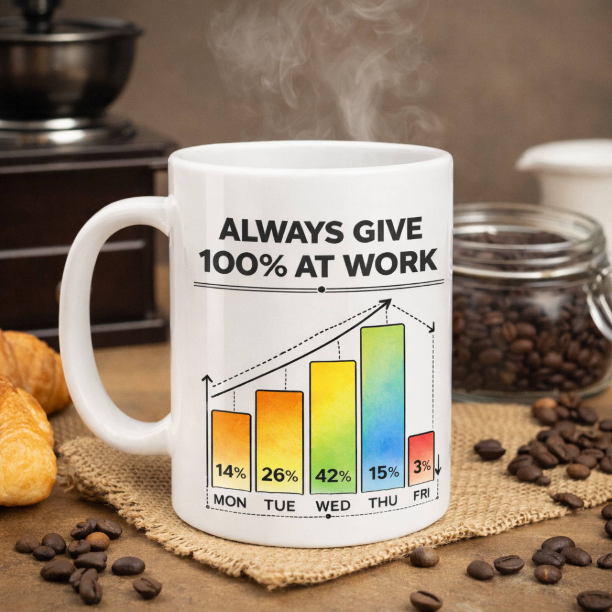Work humor coffee mug in cozy coffee setting with beans and steam