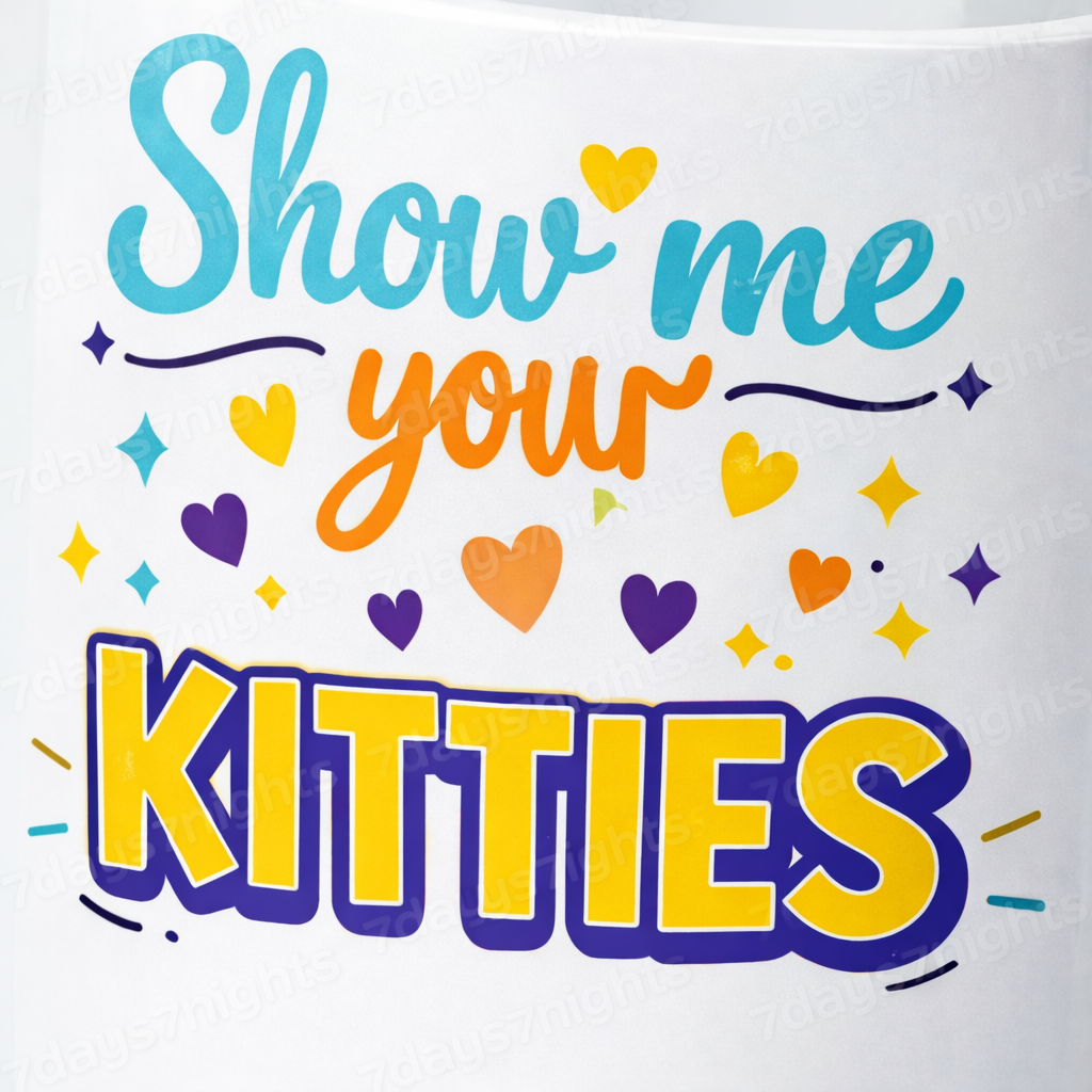 Close-up of "Show Me Your Kitties" funny double entendre mug design
