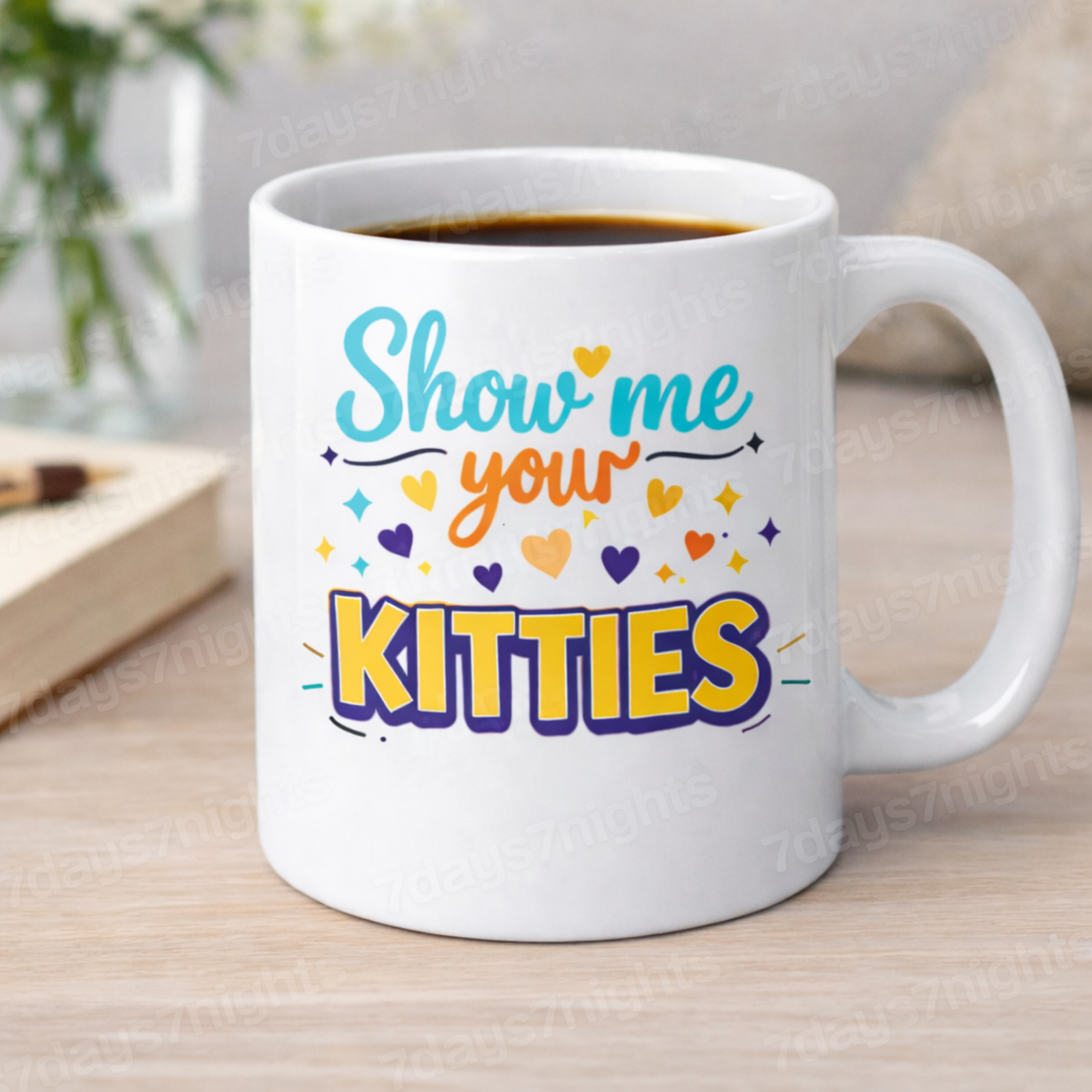 Angled view of "Show Me Your Kitties" sarcastic humor coffee mug