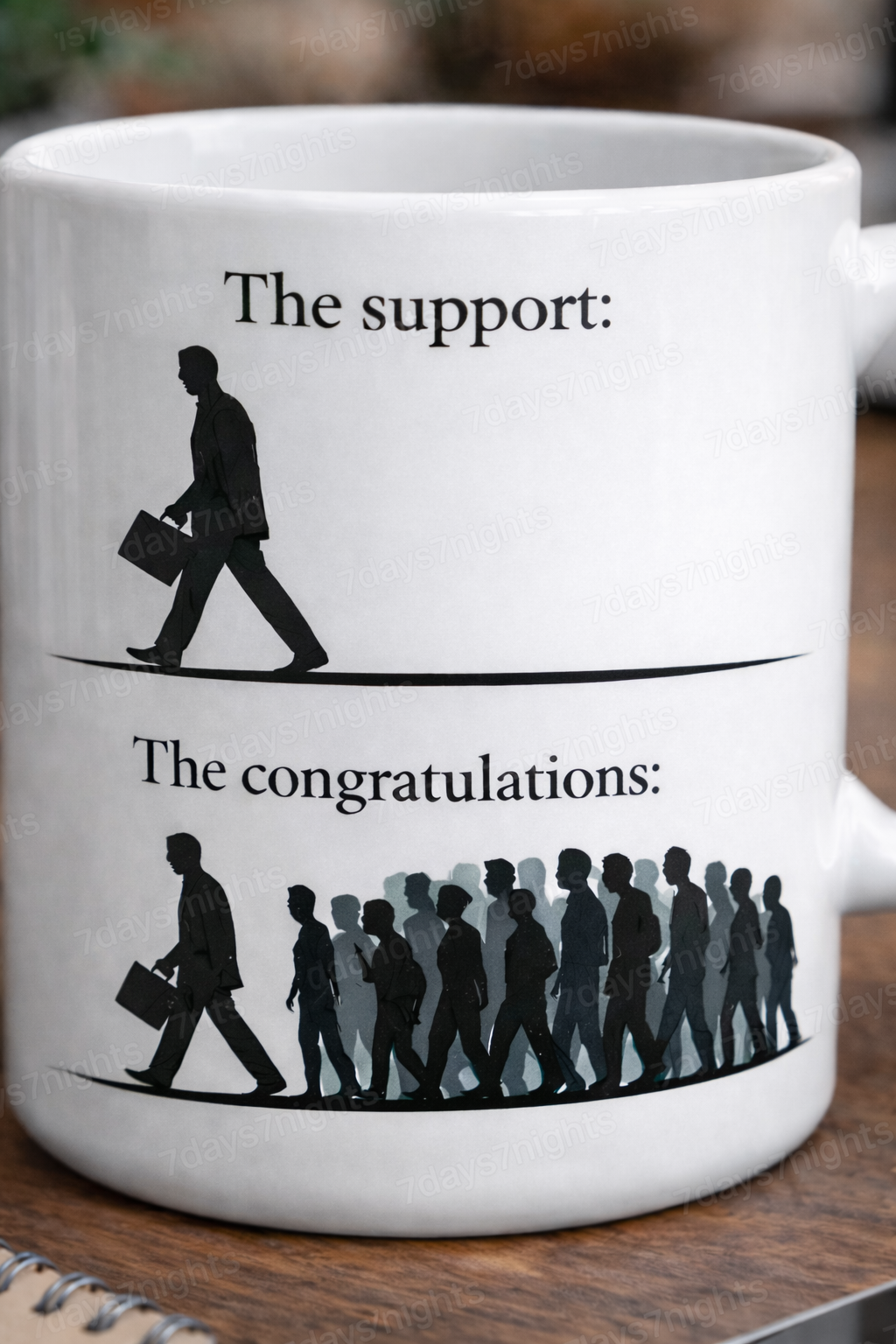 White ceramic motivational mug with support versus congratulations design.